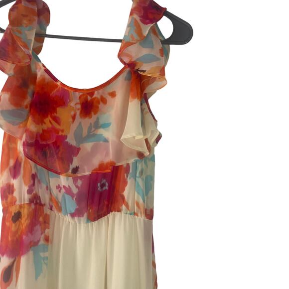 Bisou Bisou Size 6 Floral Chiffon Orange Blue Cream Off Shoulder Maxi Dress - Picture 4 of 9